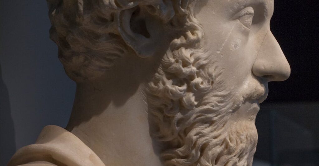 A detailed marble bust depicting a Roman figure at an exhibit in Chicago, showcasing classical artistry.